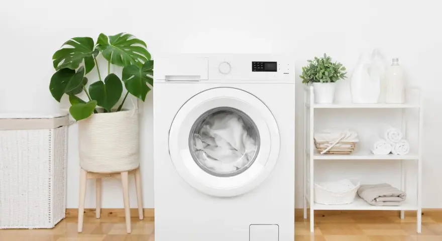Machine à laver blanche, prête pour un cycle. La profondeur de son tambour est idéale pour une famille. À côté, un panier à linge et des plantes vertes.
