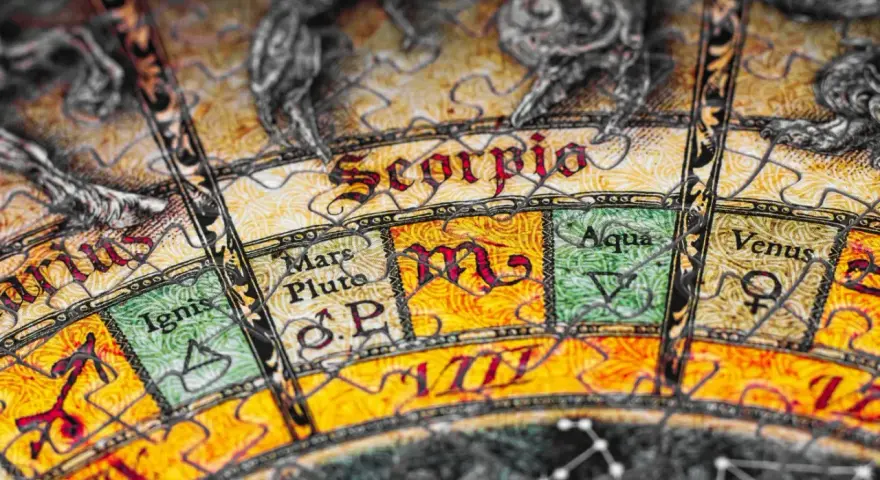 Starożytny astrolabium z napisem Scorpio. Znak zodiaku skorpion, jego data i symbole planetarne.