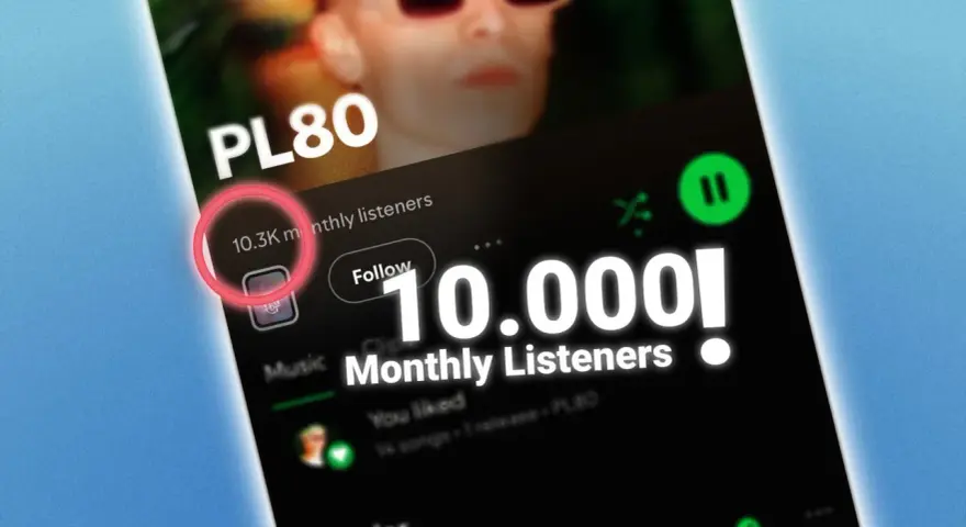 Spotify-Profil von PL80 mit 10.3K monthly listeners, die 10.000er-Marke wird gefeiert.