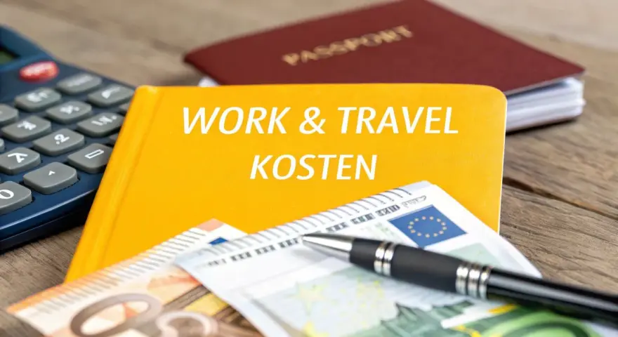 Ein gelbes Buch mit "WORK & TRAVEL KOSTEN" darauf, daneben ein Taschenrechner, Euro-Scheine, ein Stift und ein Reisepass.