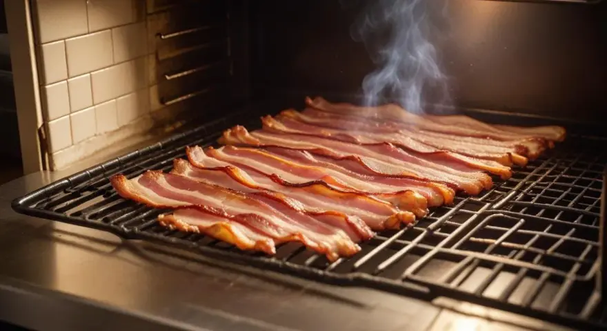 Rader av saftigt bacon ligger på ett galler i ugnen, och en tunn strimma rök stiger upp.