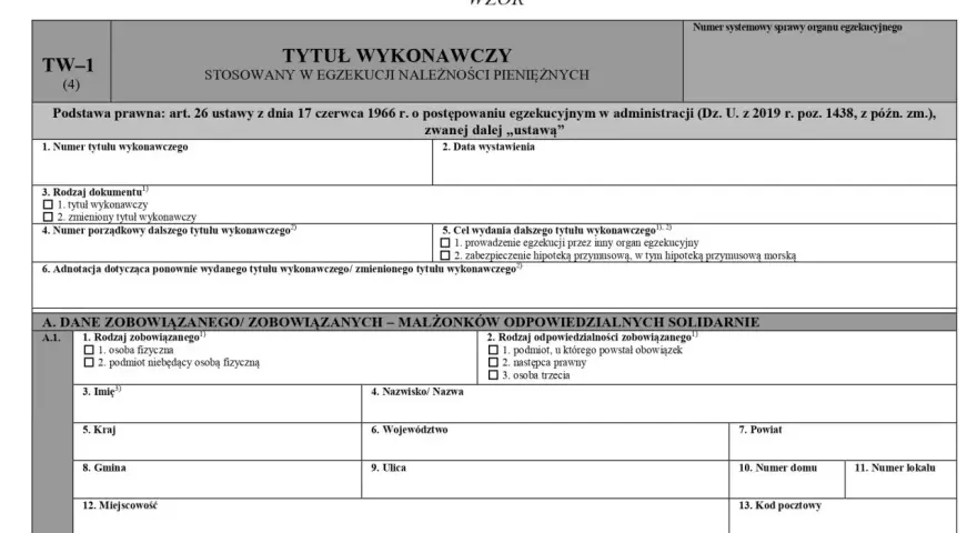 Formularz TW-1 (4) - wzór tytułu wykonawczego do egzekucji należności pieniężnych. Zawiera dane zobowiązanego.