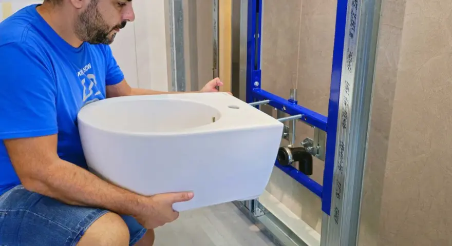 Un homme installe un bidet blanc, un élément essentiel pour une hygiène intime.