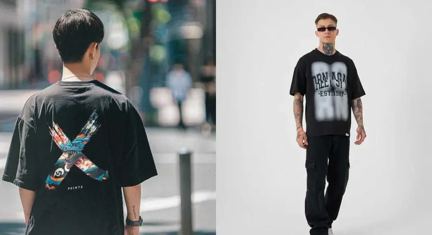 Mężczyzna w czarnej koszulce z grafiką smoka w stylu streetwear. Drugi mężczyzna w czarnej koszulce z napisem i spodniach cargo.