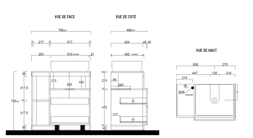 Plans techniques d'un meuble de salle de bain avec vasque à poser. La hauteur totale du meuble est de 780 mm.
