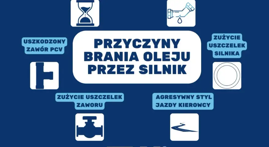 Grafika przedstawia przyczyny brania oleju przez silnik: zużycie uszczelek, nieszczelność, uszkodzony zawór PCV, agresywny styl jazdy i naturalne zużycie.