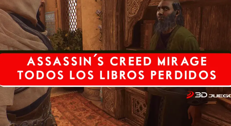 Basim busca los libros perdidos en Assassin's Creed Mirage. Un hombre con barba y túnica verde le habla en una habitación con estanterías.