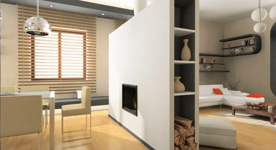 Moderne idee divisori in cartongesso: un camino integrato e libreria a giorno separano zona pranzo e soggiorno.