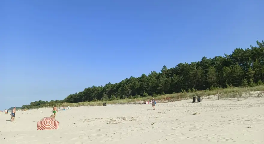 Słoneczny dzień na plaży w Karwi. Ludzie spacerują po piasku, w tle las.