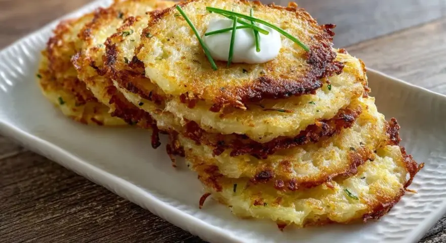 Pile de galettes de pomme de terre dorées et croustillantes, garnies d'une cuillère de crème fraîche et de ciboulette.