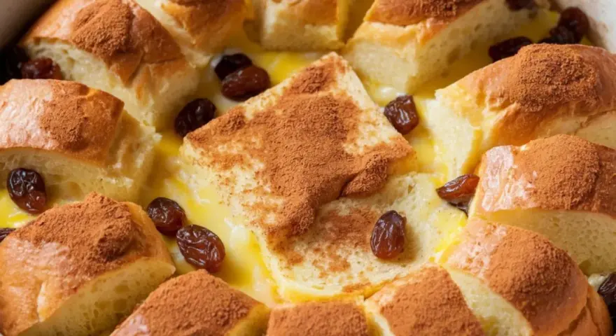 Pudding chlebowy z rodzynkami i cynamonem, pachnący jak domowe wypieki. Obok, w oddali, można dostrzec ślady puddingu ryżowego.