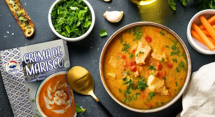 Un tazón de sopa de pescado casera con trozos de pescado, tomates y perejil, junto a una tostada, zanahorias y un paquete de crema de marisco.