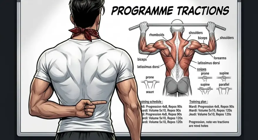 Un homme musclé montre un tableau expliquant le programme tractions, avec des schémas anatomiques et un planning d'entraînement.