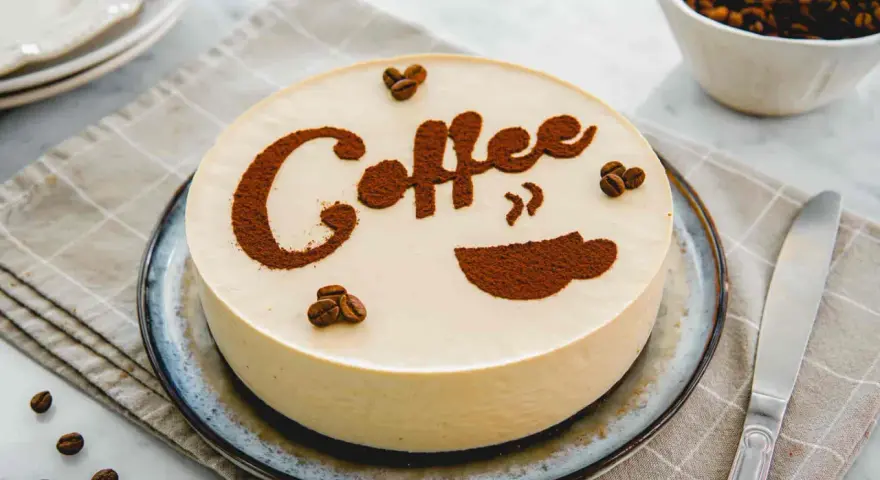 Deliziosa cheesecake al caffè, decorata con cacao e chicchi di caffè. Perfetta per gli amanti del gusto intenso.