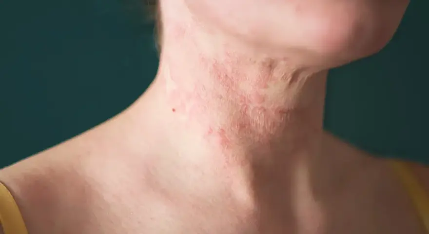 Close-up of a person's neck with red, inflamed eczema. Some find relief from itching, wondering why does hot water feel good on eczema.