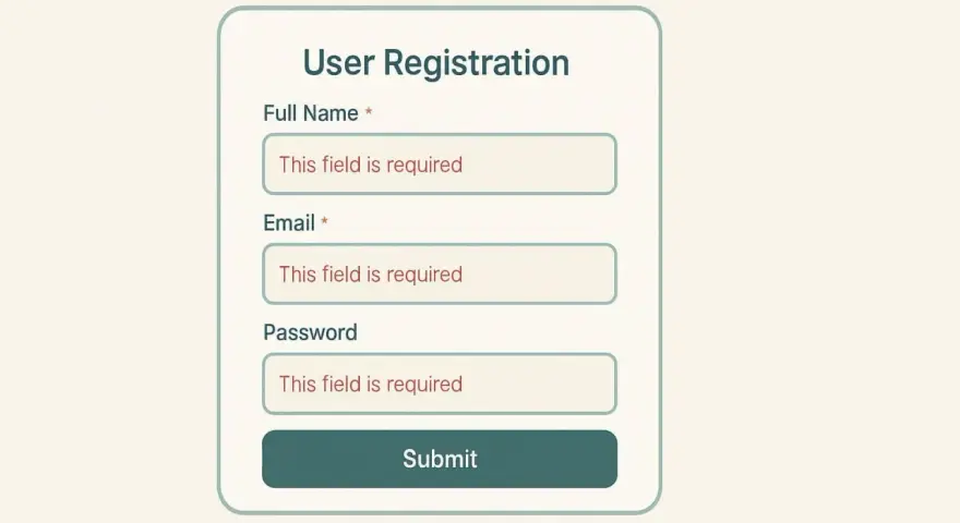 Formularz rejestracji użytkownika z polami: Imię i nazwisko, Email, Hasło. Pola wymagane, gotowe do wypełnienia w technologii html5.