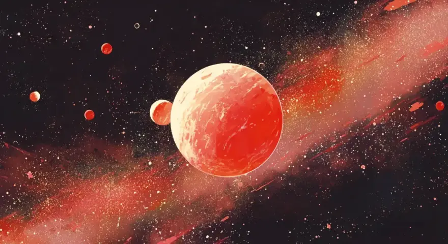 Czerwone planety, w tym duży Mars w raku, unoszą się w gwiezdnym pyle.