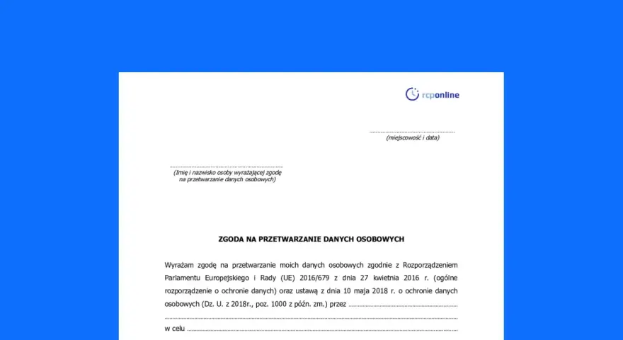 Formularz zgody na przetwarzanie danych osobowych, wymagany przez RODO.
