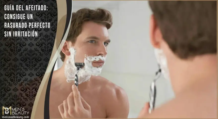 Guía del afeitado: hombre con espuma y maquinilla, buscando la dirección correcta para un rasurado perfecto sin irritación.