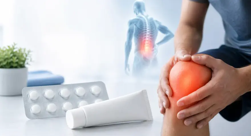 Uomo con dolore al ginocchio, blister di dicloreum compresse e tubo di crema.