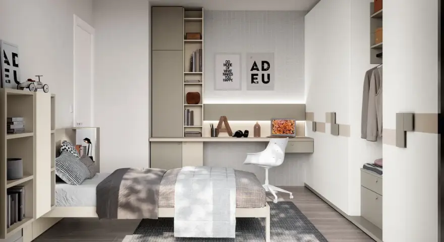 Moderna zona studio ragazzi con letto, scrivania, libreria e armadio.