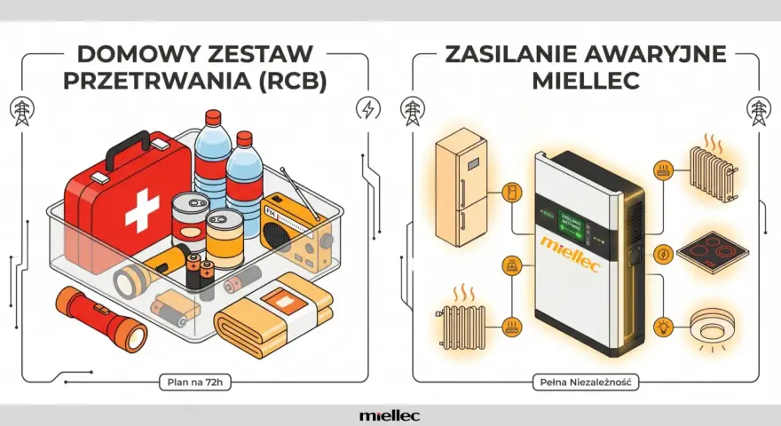 Zestaw przetrwania na wypadek blackout w Polsce: apteczka, woda, jedzenie, radio, latarki. Zasilanie awaryjne Miellec zapewnia prąd do lodówki, ogrzewania, kuchenki i oświetlenia.