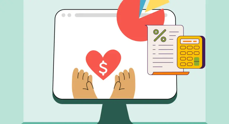 Illustration of a computer screen showing a heart with a dollar sign, hands reaching up, a pie chart, and a calculator, symbolizing pro bono accounting services for nonprofits.