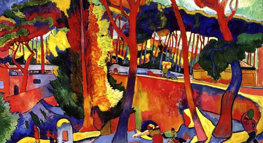 Paysage vibrant aux arbres rouges et bleus, typique du fauvisme Henri Matisse. Des figures humaines colorées animent la scène.