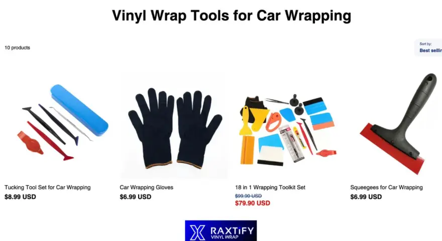 Tools you need to wrap a car: tucking tools, gloves, a comprehensive toolkit, and squeegees.
