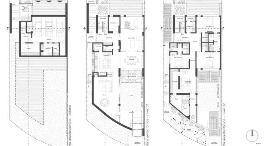 Pianta architettonica di una pianta casa a schiera su 2 piani: seminterrato con garage, piano terra con cucina e soggiorno, primo piano con camere da letto.