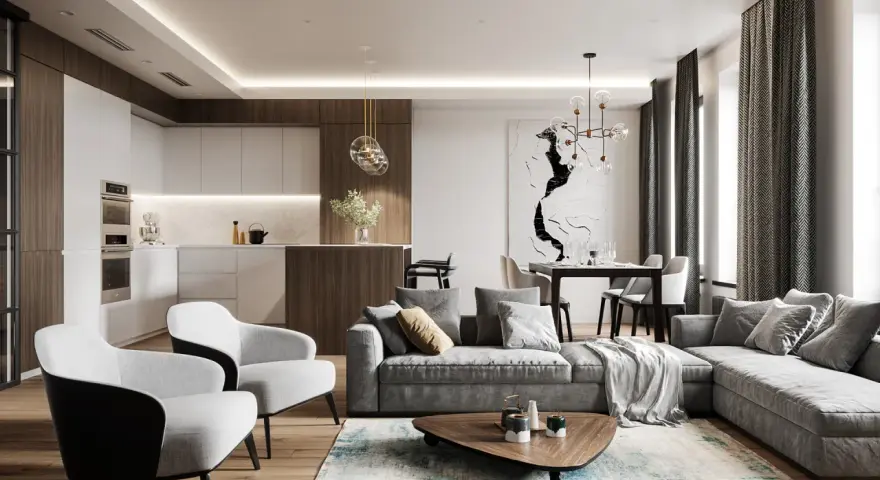 Soggiorno e cucina open space con divano angolare grigio, poltrone bianche, tavolino in legno e un tocco di **arredamento contemporaneo chic**.