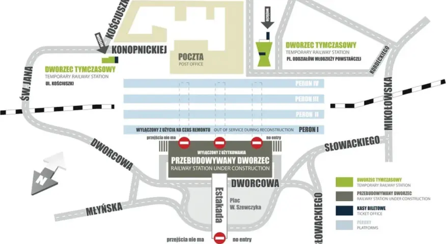 Mapa okolic placu Andrzeja w Katowicach PKP. Widać tymczasowy dworzec, przebudowywany dworzec, pocztę i perony.