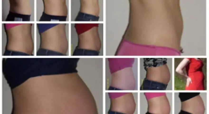 Bauchveränderungen über die Zeit, beginnend mit einem flachen Bauch, der sich langsam rundet. Man sieht, wie der Bauch wächst, als ob man 1 Woche schwanger wäre und sich weiterentwickelt.