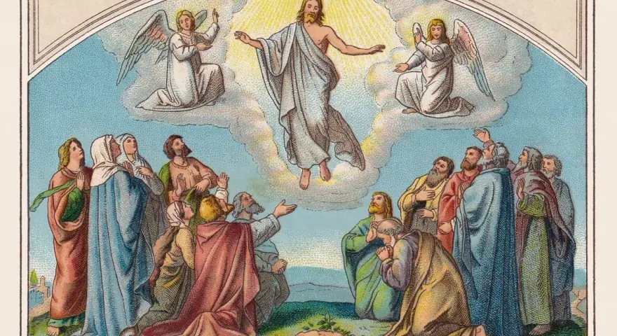 Jesus steigt 40 Tage nach Ostern gen Himmel. Jünger und Engel blicken staunend empor.