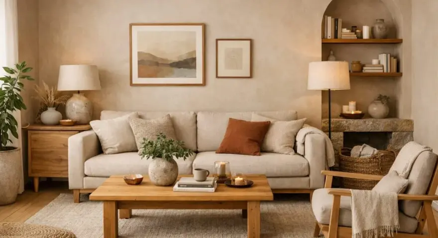 Soggiorno accogliente con divano beige, tavolino in legno e quadri con paesaggi. Perfetti abbinamenti caldi colori pareti soggiorno per un'atmosfera rilassante.