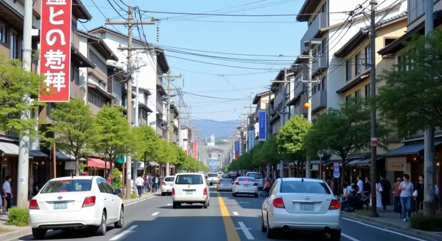 Jaki ruch jest w Japonii? Ulica w Kioto z samochodami, pieszymi i tradycyjną architekturą.