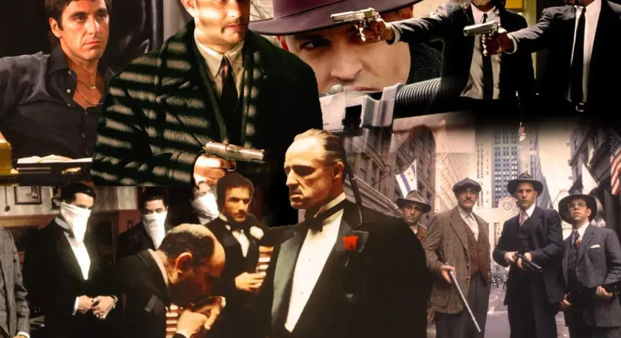 Collage di scene iconiche di film criminali: uomini con pistole, abiti eleganti e sguardi minacciosi.