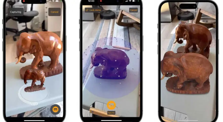 Skanowanie 3D iPhone'em: aplikacja AR tworzy cyfrowy model drewnianego słonia, pokazując proces przechwytywania i finalny efekt.