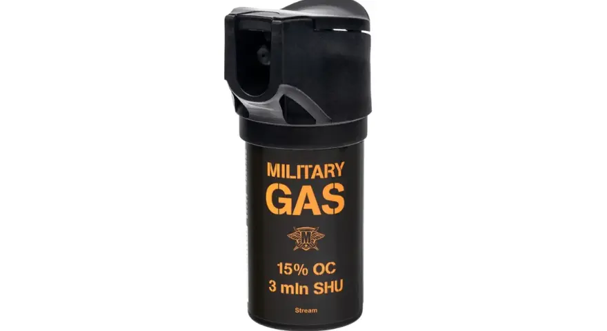 Czarny gaz pieprzowy "MILITARY GAS" z pomarańczowym napisem, na białym tle.