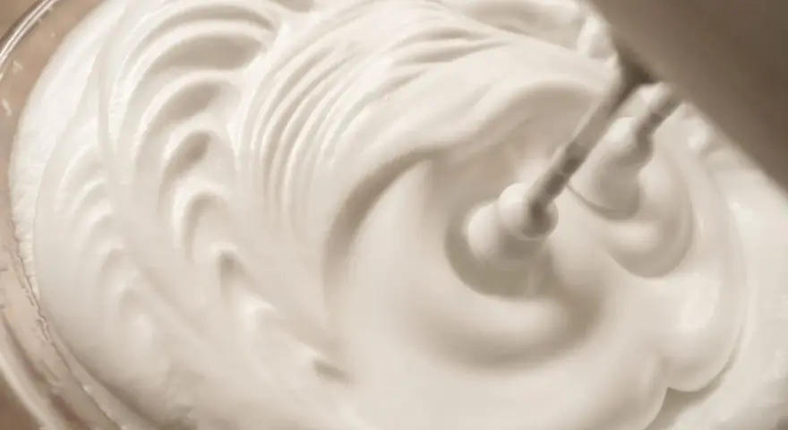 Ein Handmixer schlägt gerade cremige Sahne. Die weiße Masse bildet sanfte Wellen und Spitzen.