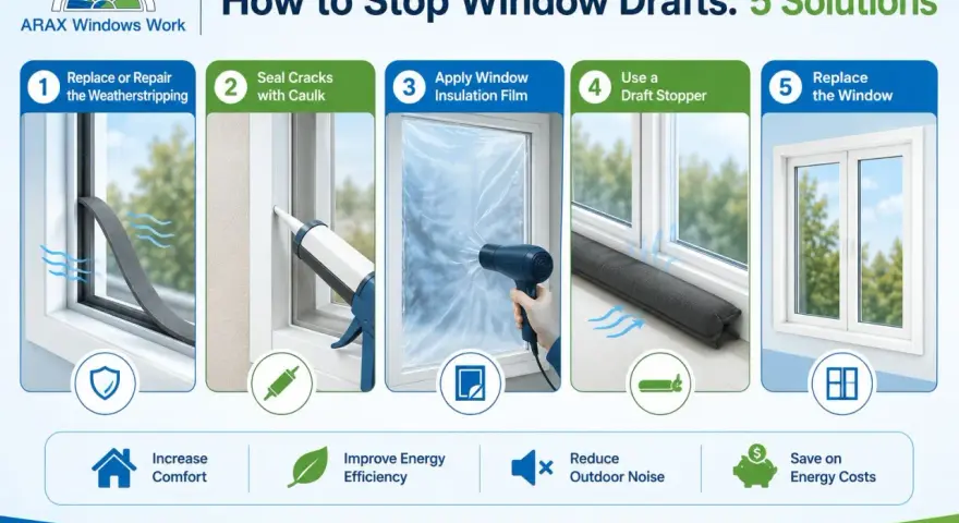 Stop window drafts with weather stripping, caulk, insulation film, draft stoppers, or replacement. Improve comfort & save energy.