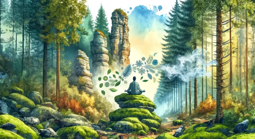 Meditierender Mann in einem moosbewachsenen Wald, umgeben von Felsformationen und magischen Elementen. Eine Fantasiereise in den Wald.