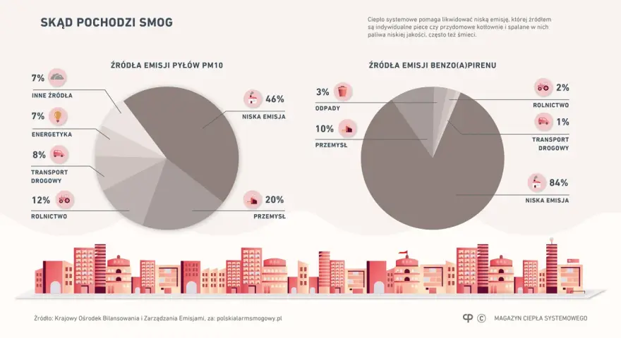 Dwa wykresy kołowe pokazujące źródła emisji pyłów PM10 i benzo(a)pirenu w Polsce.