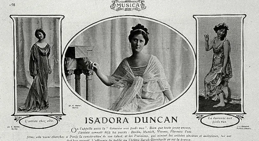 Isadora Duncan, tancerka boso, w trzech odsłonach: w domu, w pozie i w ruchu.