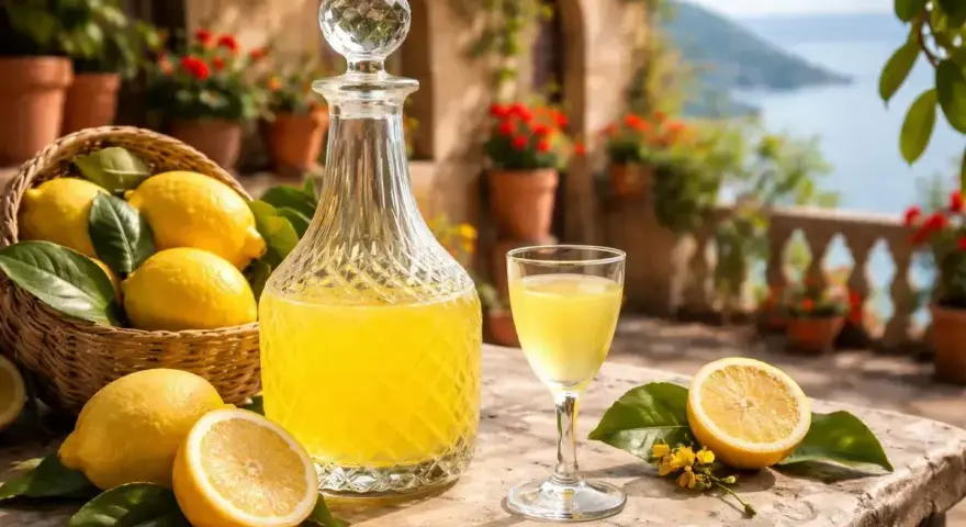 Słoneczny taras, koszyk cytryn i karafka z domowym limoncello. Idealny przepis na włoski likier.