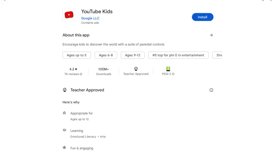 Ekran Chrome OS z aplikacją YouTube Kids. Dostępne kategorie wiekowe: do 5 lat, 6-8 lat, 9-12 lat. Aplikacja ma 4.2 gwiazdki i 100M+ pobrań.