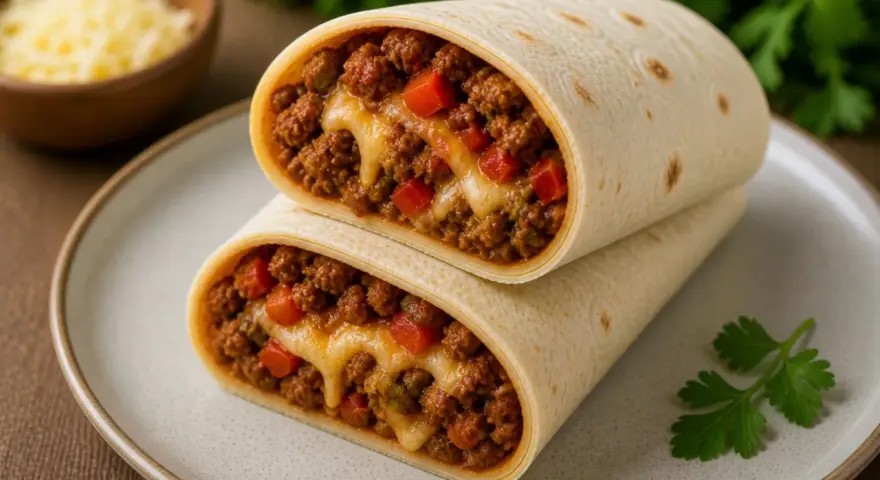 Pyszna tortilla z mięsem mielonym, papryką i ciągnącym się serem. Idealna na szybki posiłek.