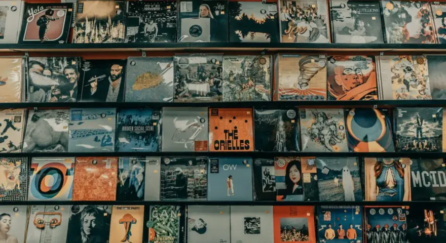 Regale voller Schallplatten, die zeigen, was sind Alben: Musik, Kunst und Erinnerungen.