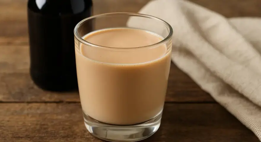 Szklanka kremowego likieru, idealny likier Baileys zamiennik, obok ciemnej butelki i lnianej serwetki na drewnianym stole.