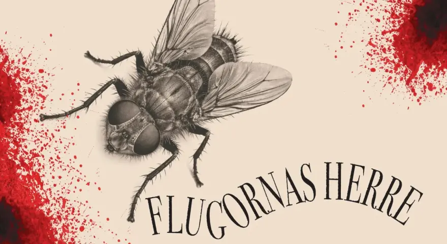 En närbild av en stor fluga med blodstänk och texten "Flugornas herre budskap".